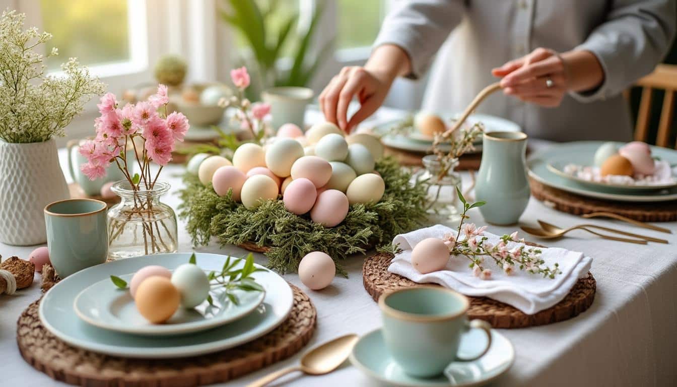 Illustration: Idées de décoration de table de Pâques à faire soi-même : centres, couleurs et éléments naturels