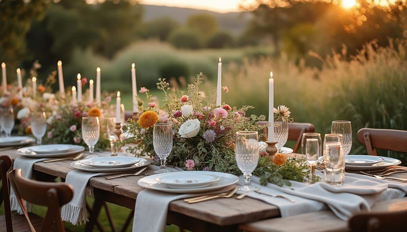 Illustration: Plongez dans l’esprit de la décoration de table de mariage champêtre : origines, valeurs et styles