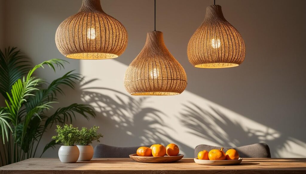 Suspension rotin en accumulation trio à différentes hauteurs : charme et modularité