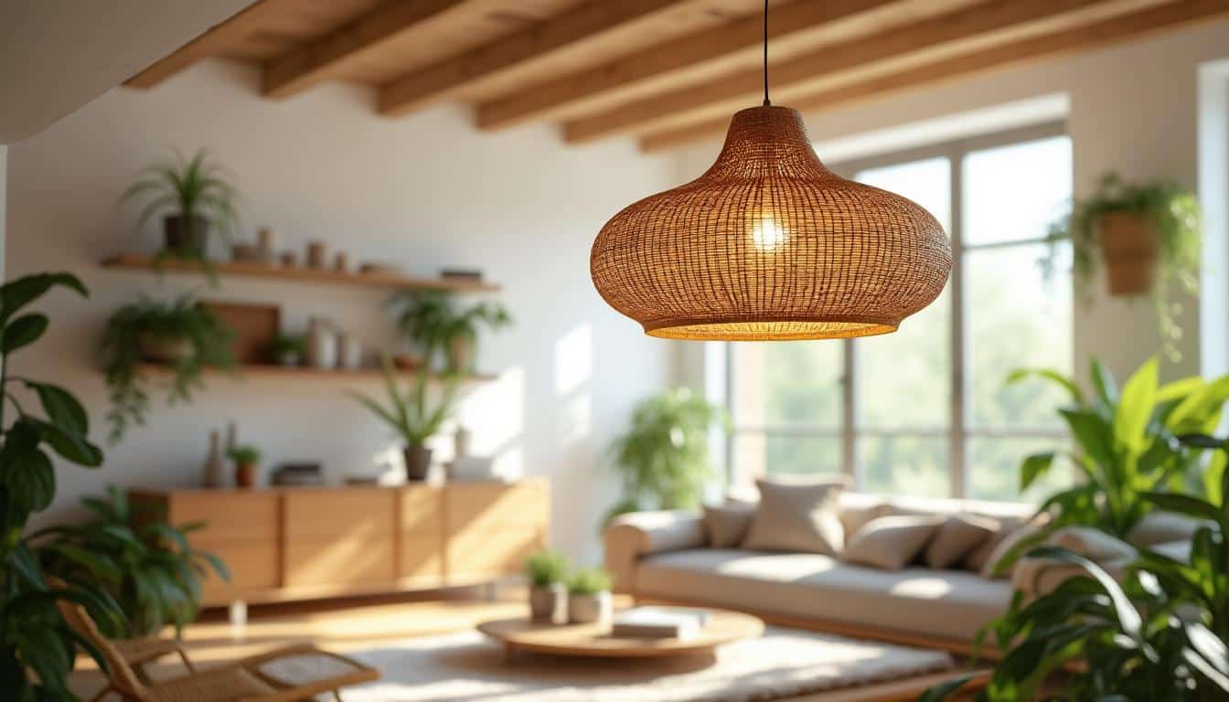Illustration: Plongée dans l’univers de la suspension en rotin couleur miel patinée