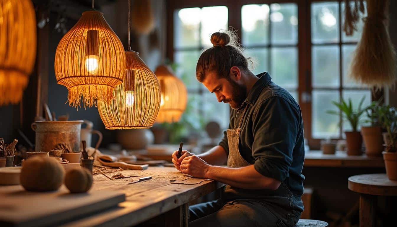 Illustration: Les secrets de fabrication d’une suspension en rotin couleur miel patinée : savoir-faire et processus artisanal