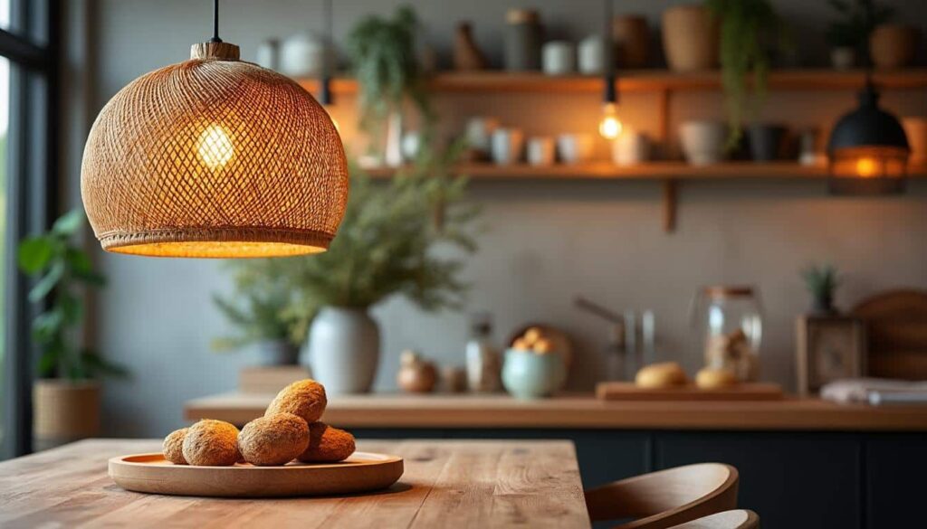 Suspension en rotin couleur miel patinée : élégance naturelle et artisanale