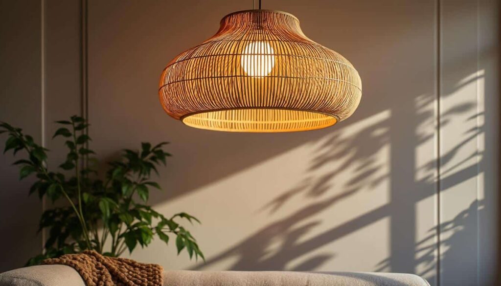 Suspension en rotin couleur miel patinée : chaleur et style artisanal