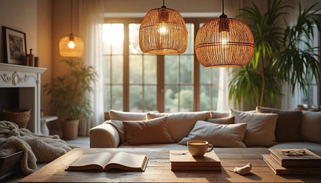 Suspension rotin diamètre 50 cm pour salon : charme et lumière naturelle