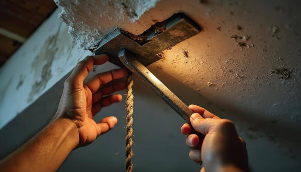 Suspension en rotin : fixation sécurisée sur un plafond fissuré