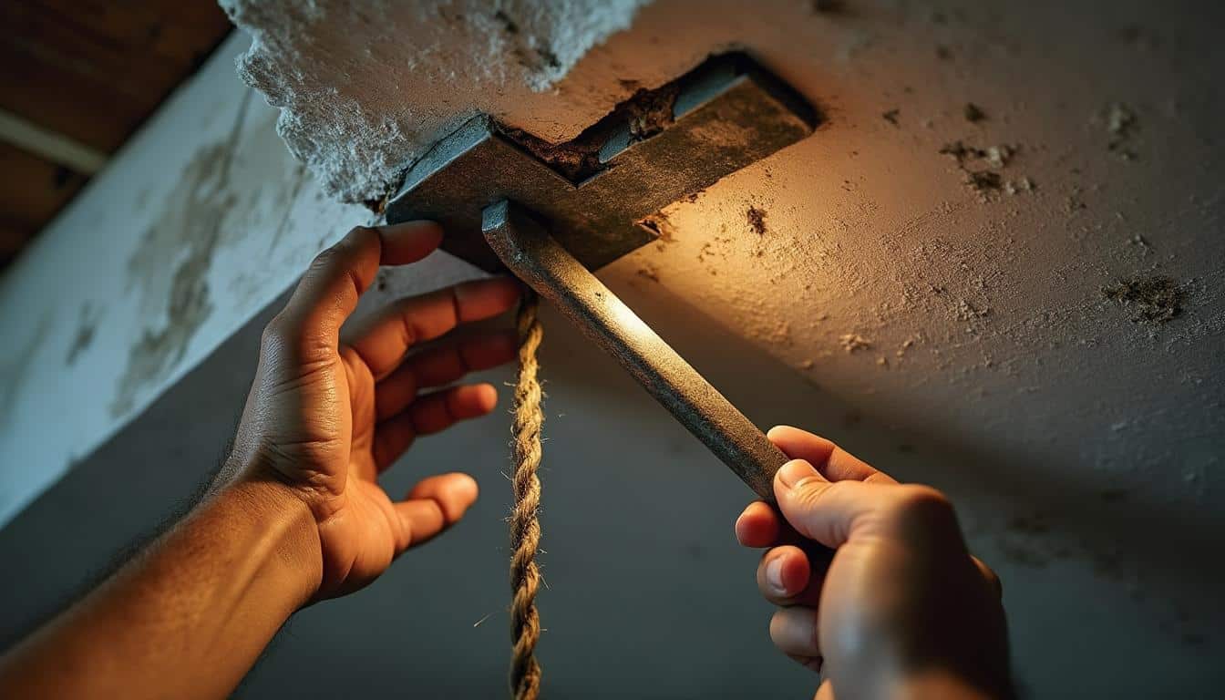 Suspension en rotin : fixation sécurisée sur un plafond fissuré