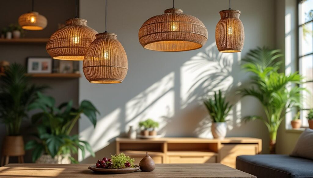 Suspension en rotin à lumière tamisée : un effet chaleureux naturel
