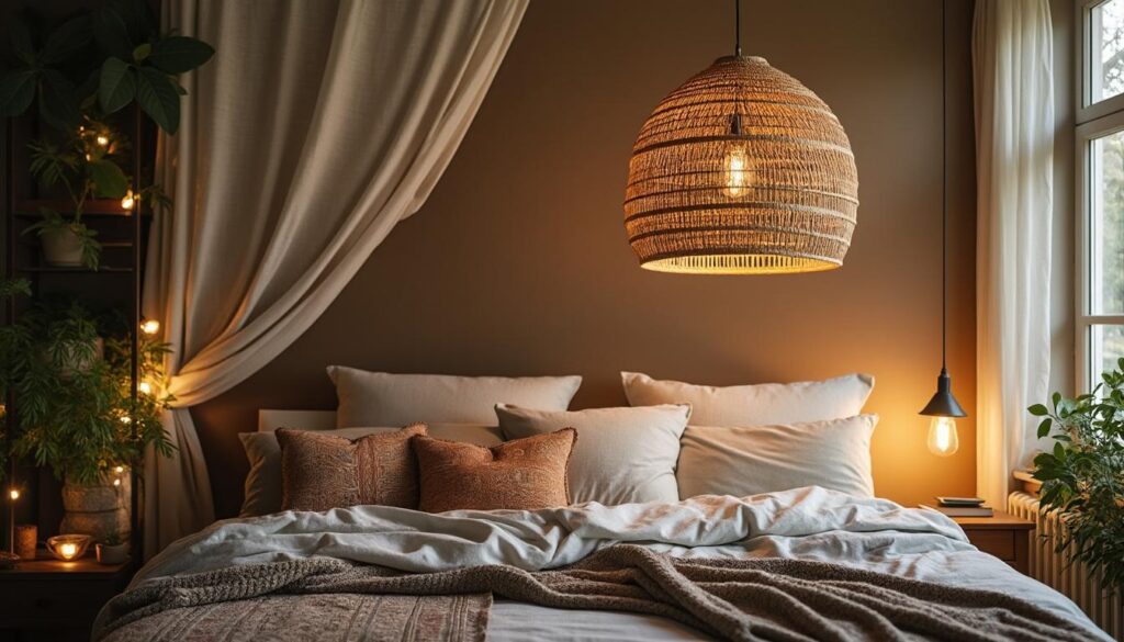 Suspension rotin style bohème pour chambre : charme naturel et ambiance chaleureuse