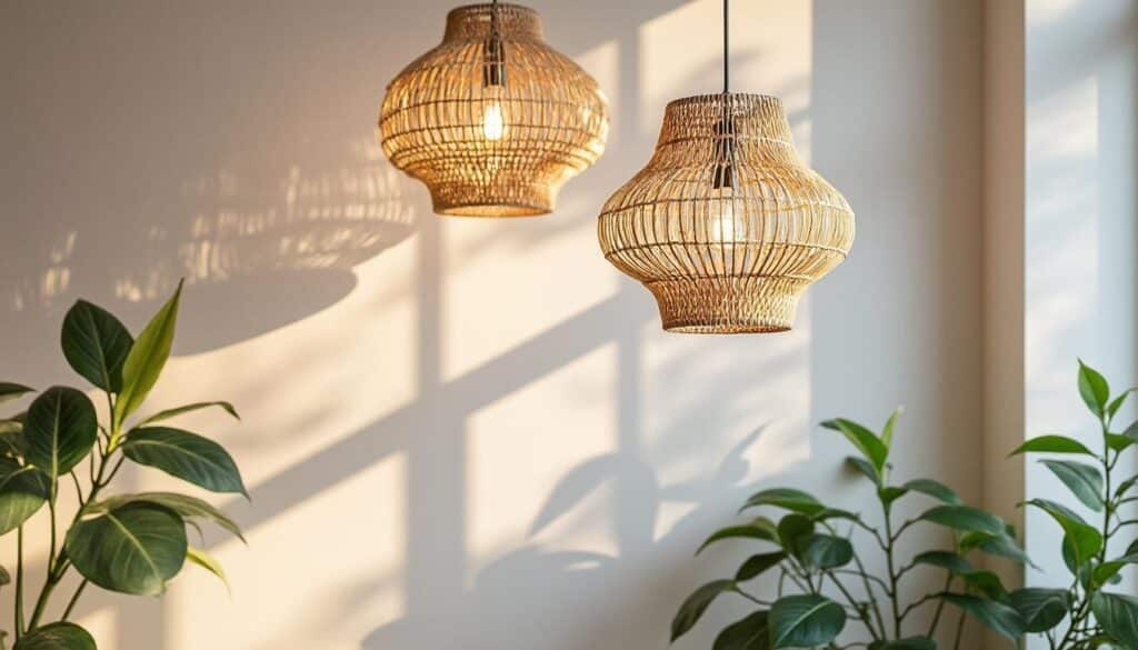 Suspension en rotin torsadé avec légère asymétrie : design naturel