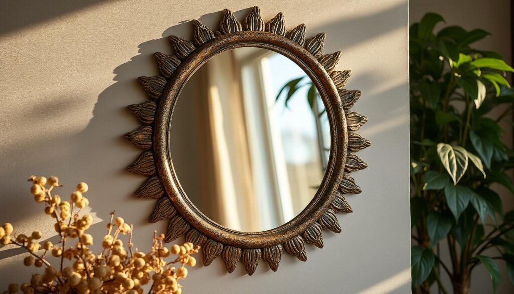 Miroir soleil au cadre doré patiné : charme et élégance intemporelle